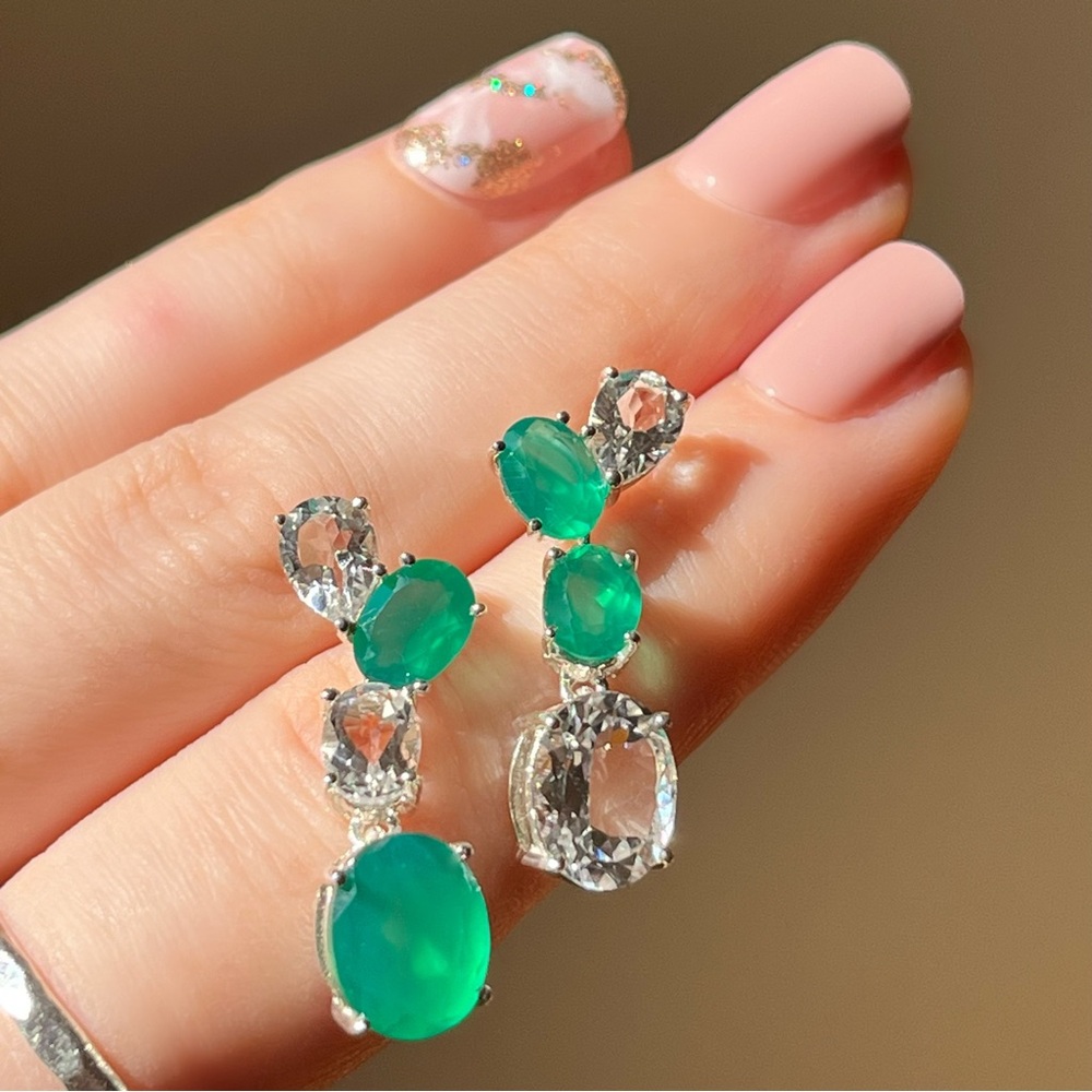 Green Onyx and White Topaz Elegant Stud Dangle Earrings, Sterling Silver - Picture 2 of 2